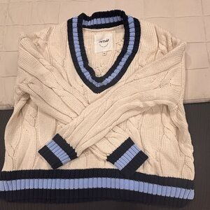 Aerie Varsity V-Neck Sweater in Cream and Blue